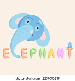 A cartoon character of an educational elephant with the name of the animal. Isolated vector illustration.