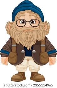 A cartoon character of an elderly grandfather dressed like a gnome, wearing glasses, and living in the countryside