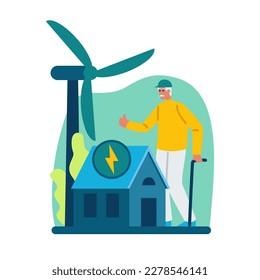 Cartoon character of elderly man standing near modern house with green energy. Usage of windmills as source of energy. Taking care of environment. Sustainable ecological power generation. Vector