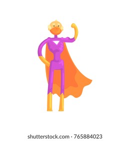 Cartoon character of elderly superhero in classic comics costume with orange cape, gloves and mask. Old grandfather with super powers. Isolated flat vector