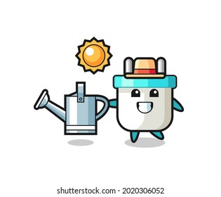 Cartoon character of electric plug holding watering can