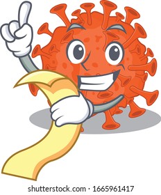 personaje de dibujos animados del coronavirus del microscopio electrónico preparado para servir