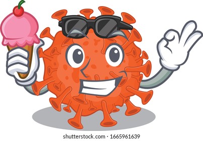 cartoon character of electron microscope coronavirus holding an ice cream