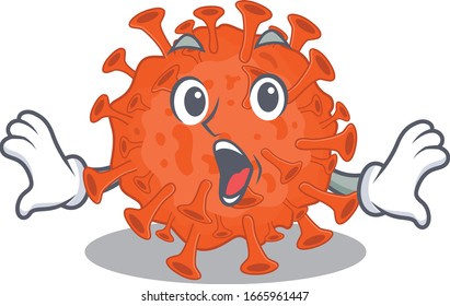 Ein Karikaturencharakter des Elektronenmikroskopie-Koronavirus, der eine überraschende Geste darstellt