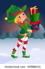 cartoon character elf with gifts.