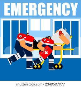 Cartoon character of emergency medical care and transport to emergency room by paramedics.