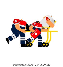 Cartoon character of emergency medical care and transport to definitive care, emergency room, hospital by profession medical team.