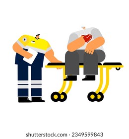 Cartoon character of emergency medical care and transport to definitive care, emergency room, hospital by profession medical team.