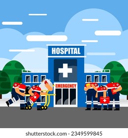 Cartoon character of emergency medical care and transport to definitive care, emergency room, hospital by profession medical team.