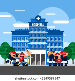 Cartoon character of emergency medical care and transport to definitive care, emergency room, hospital by profession medical team.