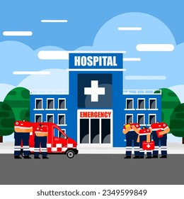 Cartoon character of emergency medical care and transport to definitive care, emergency room, hospital by profession medical team.