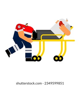 Cartoon character of emergency medical care and transport to definitive care, emergency room, hospital by profession medical team.