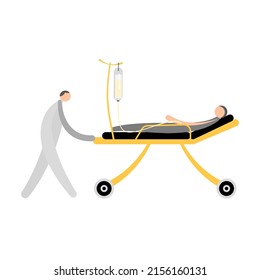 Cartoon character for emergency medicine services, a healthcare take a wheeled stretcher for patient transportation.