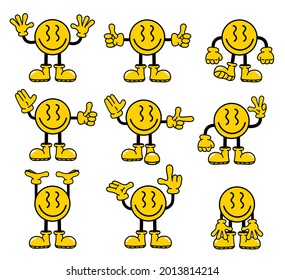 Cartoon character emoji. Feet in boots, hands in gloves, retro style. Various emotions and postures. An idea came, points somewhere, waves his hands. Vector set isolated on white background.