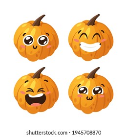 Cartoon Character Emoji  Pumpkin. Hand drawn stylish vegetable. Vector  drawing fresh organic food Emoticon. Summer Vegan Illustration Spice Season