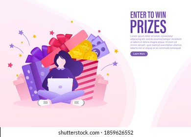 Cartoon character enter to win prizes. Holiday banner. Vector design banner. Win prize. Vector illustration.