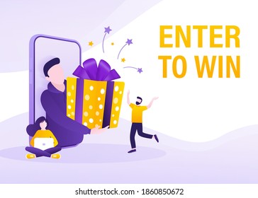 Cartoon character enter to win prizes. Holiday banner. Vector design banner. Win prize. Vector illustration.