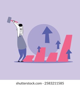 Cartoon character enthusiastically hitting bar graph with mallet, symbolizing efforts to improve performance or increase growth