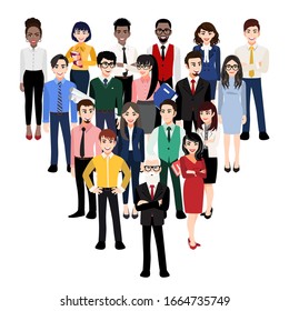 Cartoon character with executives team standing in form of triangle pyramid behind their leader. Leadership concept. Flat style vector illustration isolated on white background.