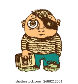 Un personaje de dibujos animados con un parche en el ojo y un libro en la mano. Boceto, esquema o borrador. Ilustración vectorial