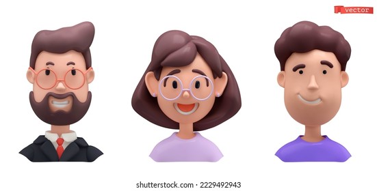 Cartoon character face. 3d vector icon set