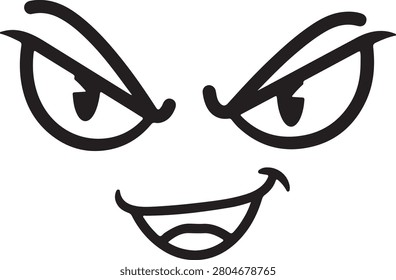 Cartoon character face with mischievous eyes and a sly smile showing playful expression