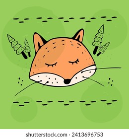 Cartoon character.Fox face on green background.Design for kids, children and babies.Vector illustration in hand-drawn style.