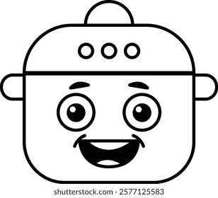 A cartoon character with a face and a smiling mouth. The character is wearing a pot on its head