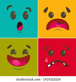 Cartoon character faces set. Vector set of 4 face expressions