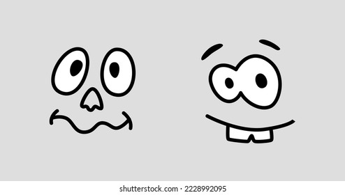 Cartoon character facial expression, face with eyes and mouth, surprised or amazed personage. Funny person with grin or smile showing teeth. Vector in flat style