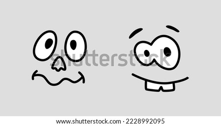 Cartoon character facial expression, face with eyes and mouth, surprised or amazed personage. Funny person with grin or smile showing teeth. Vector in flat style