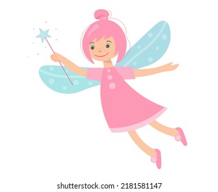 Personaje de caricatura chica linda fantasía mágica niño con alas. Elemento de estilo de concepto de diseño plano. Ilustración aislada del vector.