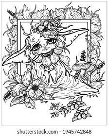 Cartoon character, fairytale creature, cute little alien with big ears and eyes, with tentacles and flowers on head, in cloak with beautiful collar of petals, in a flowers, leaves and plants.