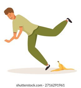 Cartoon character falling down after slipping on a banana peel, concept of accident and clumsiness