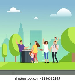 Cartoon character families resting on bbq picnic in green park. Vector illustration