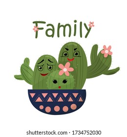 Cartoon character family cactus cartoon. Isolated vector icon. Isolated vector illustration. Happy family. Funny cacti character. Print on t-shirt, card, sticker