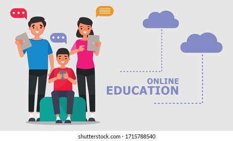 Cartoon character Family, parents and son student Online education concepts.Distance Learning Information Technology vector illustration Education online Learn at home With epidemic situation Content.