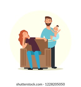 Cartoon Character Family. Tired Mom And Dad With Daughter On Hands Vector Illustration