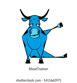 Cartoon character farm animal. Funny cool bull posing on the morning exercises on a white background. Vector illustration. Fitness meat. Meat instructor.