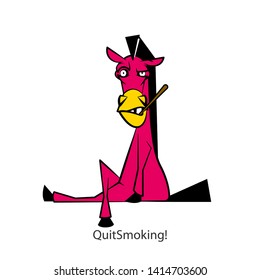 Cartoon Character Farm Animal. Funny Steep Horse Sits In A Pose And Grimaces With A Straw In His Teeth. Vector Illustration. Be Healthy! Conceptual. Quit Smoking! 