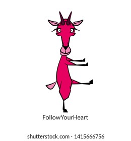 Cartoon character farm animal. Funny cute goat froze standing in motion on a white background. Vector illustration. Follow your heart!