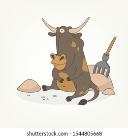 Cartoon character of a farm animal. A funny cute bull sits and poses next to hay and a pitchfork. Vector illustration