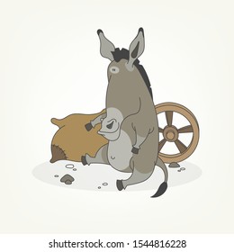 Cartoon character of a farm animal. A funny cute donkey sits and poses next to a bag and a cartwheel.. Vector illustration