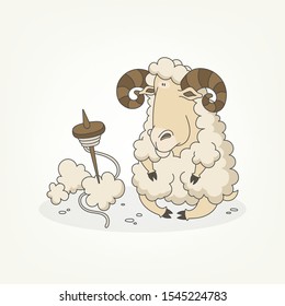 Cartoon character of a farm animal. A funny cute ram with big horns sits and poses with a spinning wheel and wool.. Vector illustration