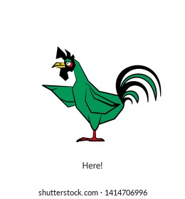 Cartoon character farm bird. Funny cool cock is standing and showing the direction of the wing. Vector illustration. The hen house hero. After You! Here it is!