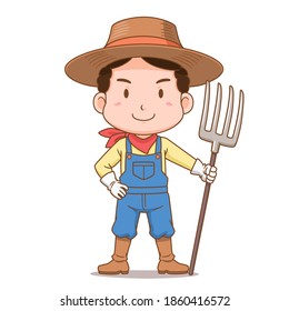 Cartoon character of farmer holding rake.