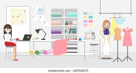 Cartoon character with fashion designer job in fashion or sewing studio room horizontal banner. Tailor shop concept. Flat vector illustration.