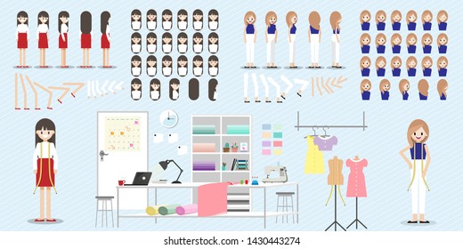 Cartoon character with fashion designer job for animation. Lady head set, front, side, back, 3-4 view character. Separate parts of body. Flat vector illustration.