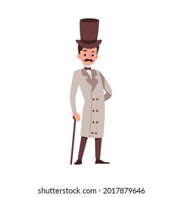 Cartoon character of fashionable victorian gentleman in elegant vintage cylinder hat leaning on a walking stick, flat vector illustration isolated on white background.