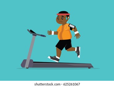 Cartoon character, Fat African man running on a treadmill.,vector eps10